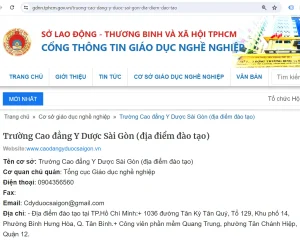 Thông tin trường Cao đẳng Y dược Sài Gòn trên cổng thông tin giáo dục nghề nghiệp TPHCM (Nguồn: Sở LĐTB & XH TPHCM)