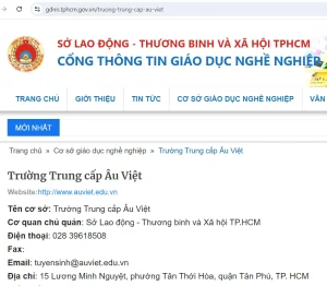 Thông tin trường Trung cấp Âu Việt trên cổng thông tin giáo dục nghề nghiệp TPHCM (Nguồn: Sở LĐTB & XH TPHCM)