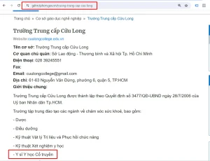 Thông tin trường Trung cấp Cửu Long trên cổng thông tin giáo dục nghề nghiệp TPHCM (Nguồn: Sở LĐTB & XH TPHCM)