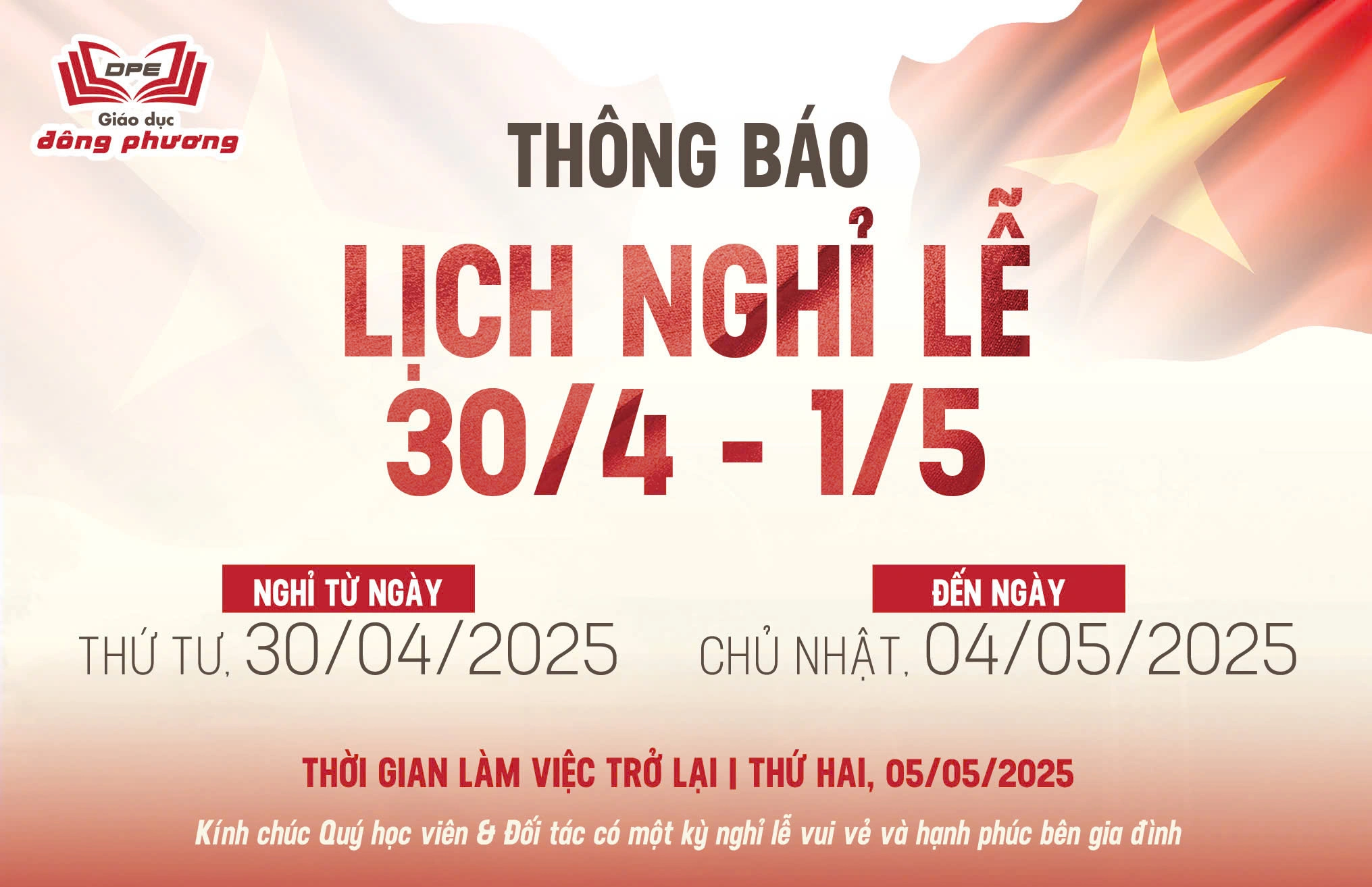 Thông báo lịch nghỉ lễ Giải phóng Miền Nam (30/4) và Quốc tế Lao động (01/5) năm 2025